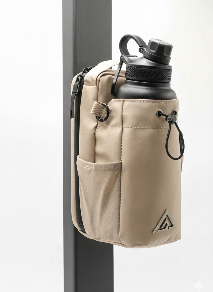 Beige pouch with water bottle holder attached to a pole on a white background